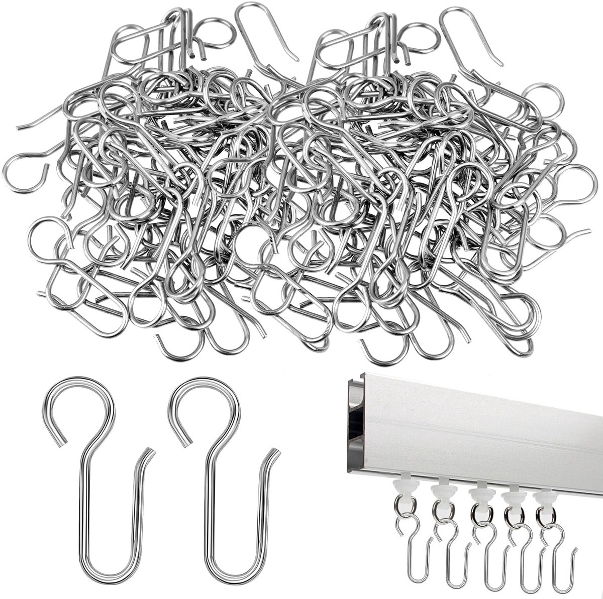 Dailygoods- Gordijnhaken Zilver - 60 Stuks - S-haken - Roestvrij Staal - Zware Belasting - 35 mm - Tot 4,5 kg Belastbaar - Haakjes