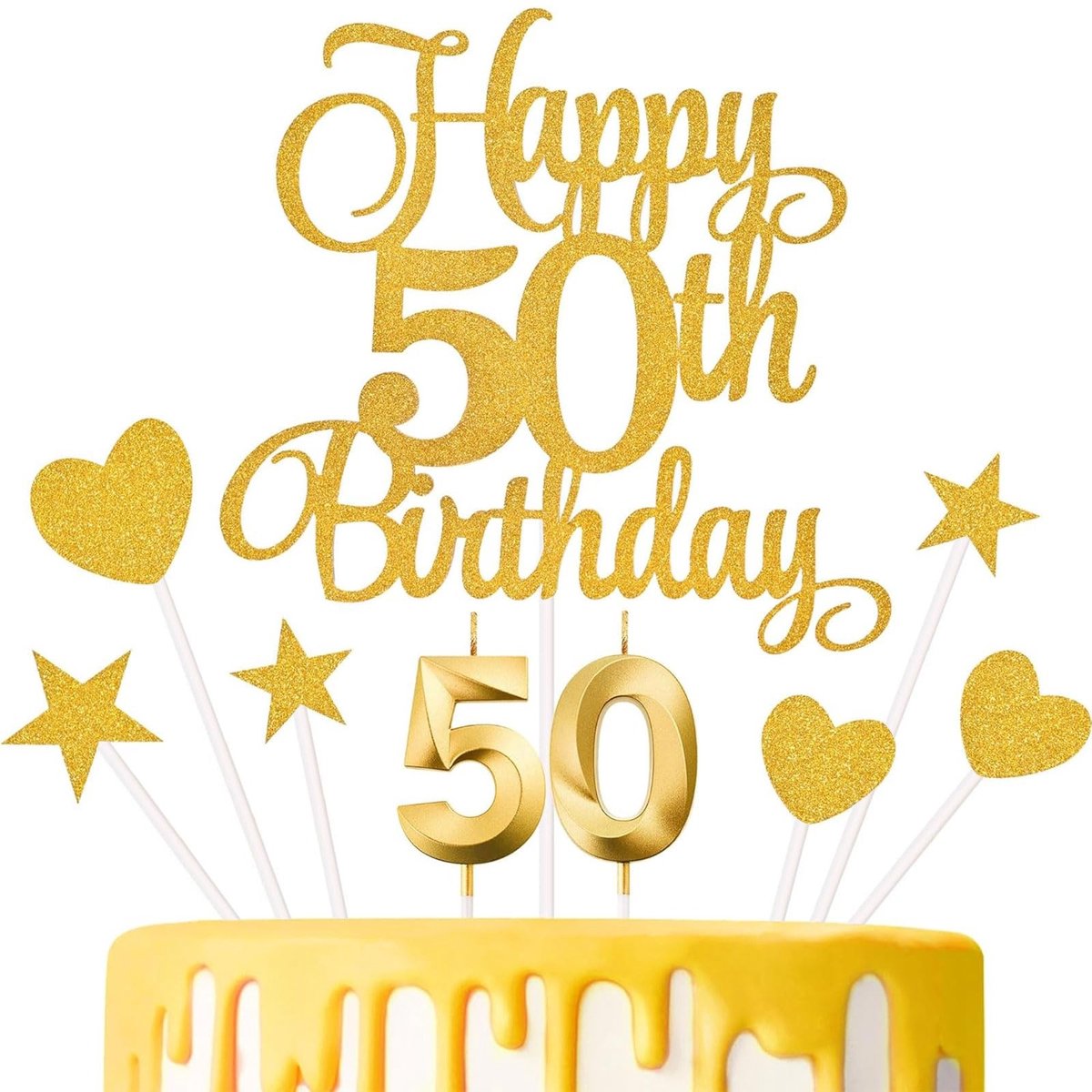 Dailygoods- Taartdecoratie 50e Verjaardag - Taarttopper - Gouden Cake Decoratie - Verjaardagskaarsen - Stertaartdecoraties - Hartvormige Taartdecoraties - Taarttoppers