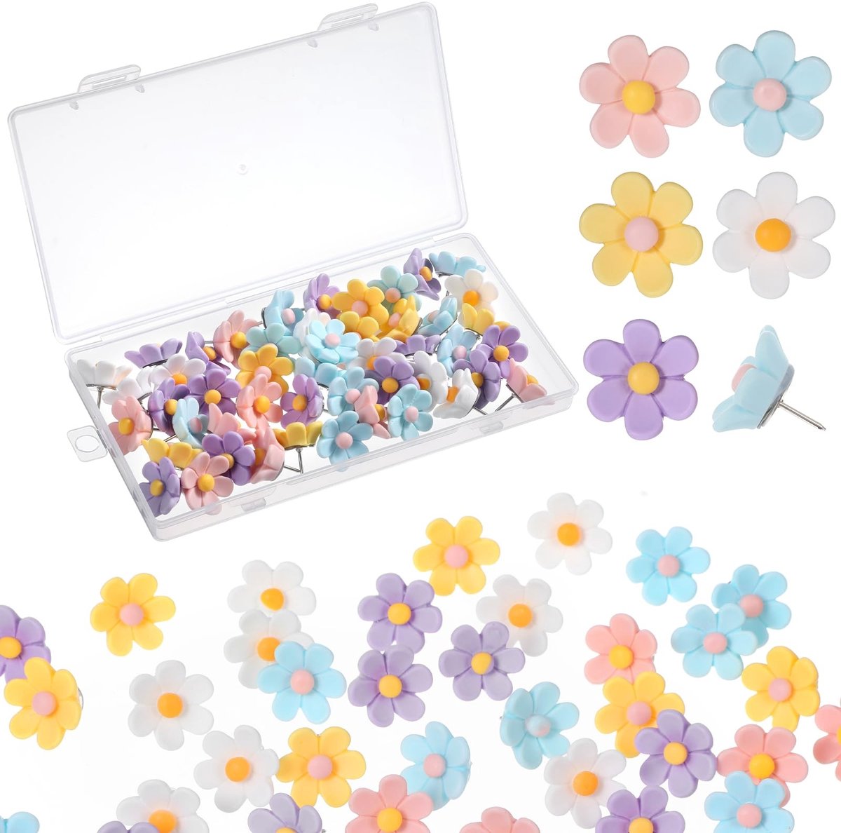 Dailygoods- Bloemspelden 50 stuks - Hars Prikpennen - Decoratieve Duimkopspijkers - Kleurrijke Push Pins - Opbergdoos - Voor Kurkbord en Foto's - Prikpinnen