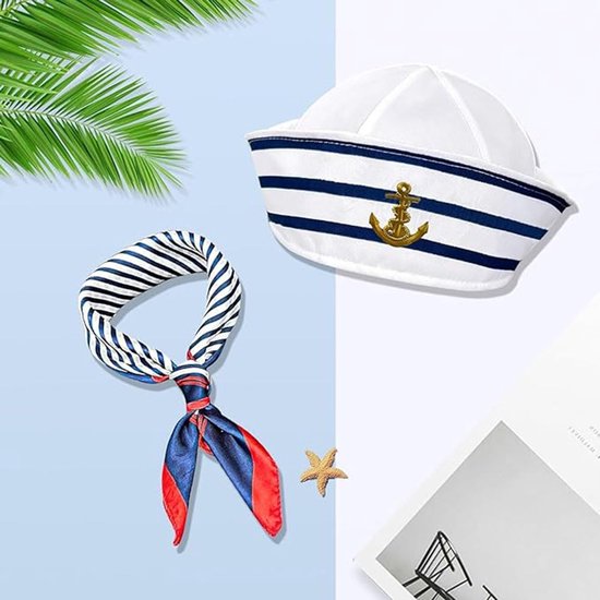 Dailygoods- Muts met Sjaal - Gestreept Nautisch Kostuum - Cosplay Accessoire - Marineblauw/Wit - Hoogwaardig Polyester - Duurzaam en Comfortabel - Zeemanskostuum van Dailygoods — afbeelding 5