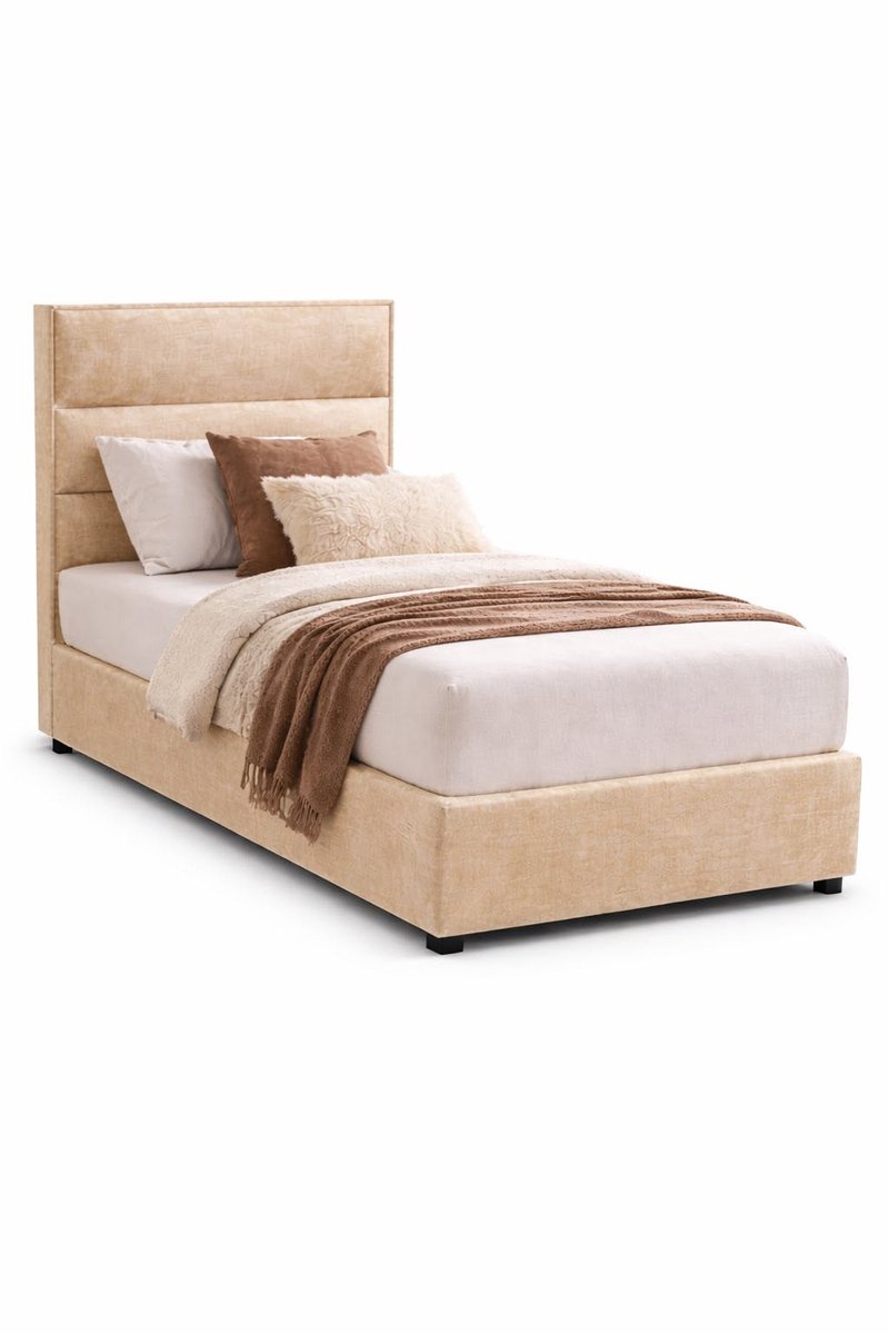 RAHA BED Luxe Gestoffeerd Eenpersoonsbed 90x200 Beige Velvet Inclusief Matras