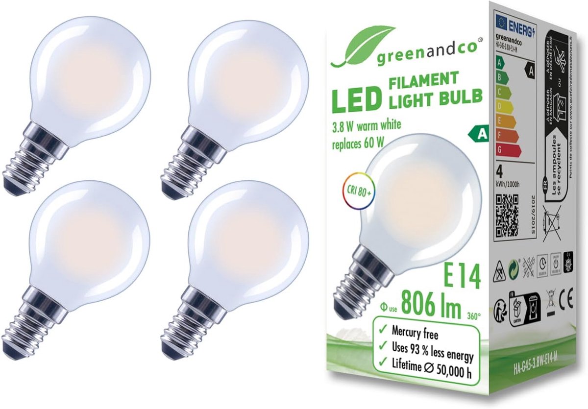 LED Filament Lampen - E14 G45 - Sfeervolle Verlichting - Flikkervrije Warmte - 4 Stuks - Mat Wit