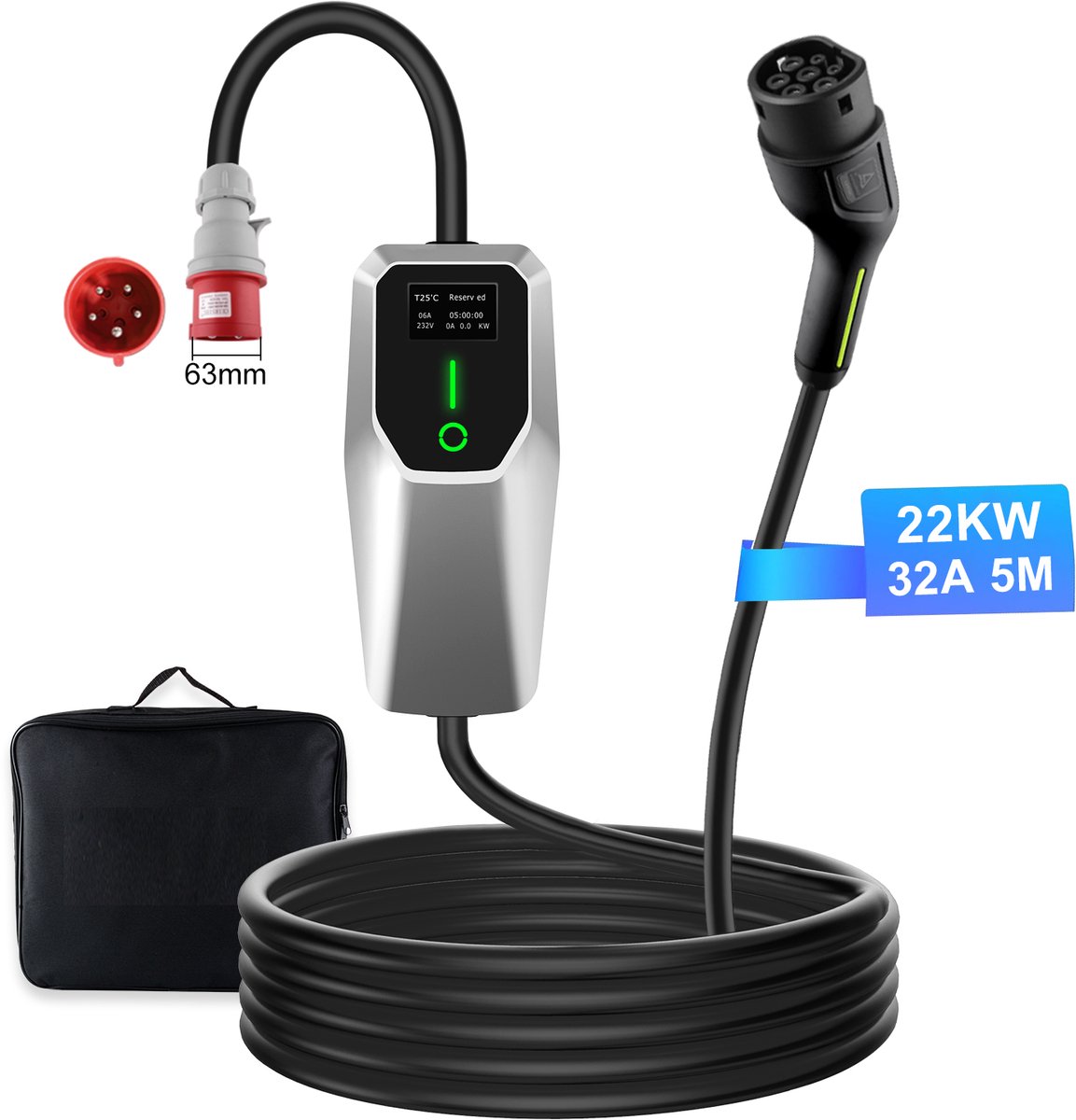 Hexinex Mobiele Thuislader Type 2 - 22kW - Lader Voor Elektrische Auto's 32A 3 fase - CEE naar Type 2 Plug en Play- Aanpassing met dubbele knop - Totaal 5m Laadkabel - IP66 waterdicht laadstation met LCD Digitaal Display