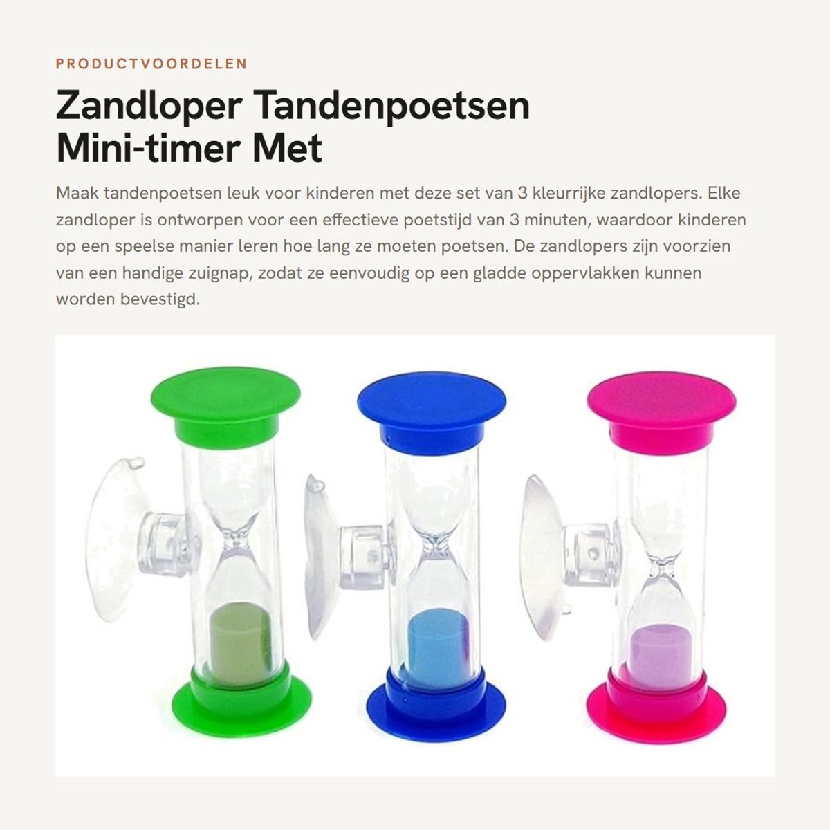 Dailygoods- Zandlopers Set van 3 - Zandtimer 3 Minuten - Antislip Zuignap - Duurzaam PVC-Plastic - Kleurrijke Zandkleuren - Veilig voor Kinderen - Timer