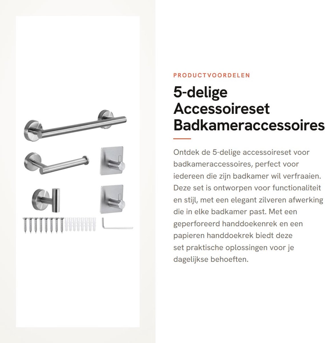 Dailygoods- Accessoireset 5-delig - Badkameraccessoires Set - Geperforeerd Handdoekenrek - Papieren Handdoekrek - Zelfklevende Haken - 304 Roestvrij Staal