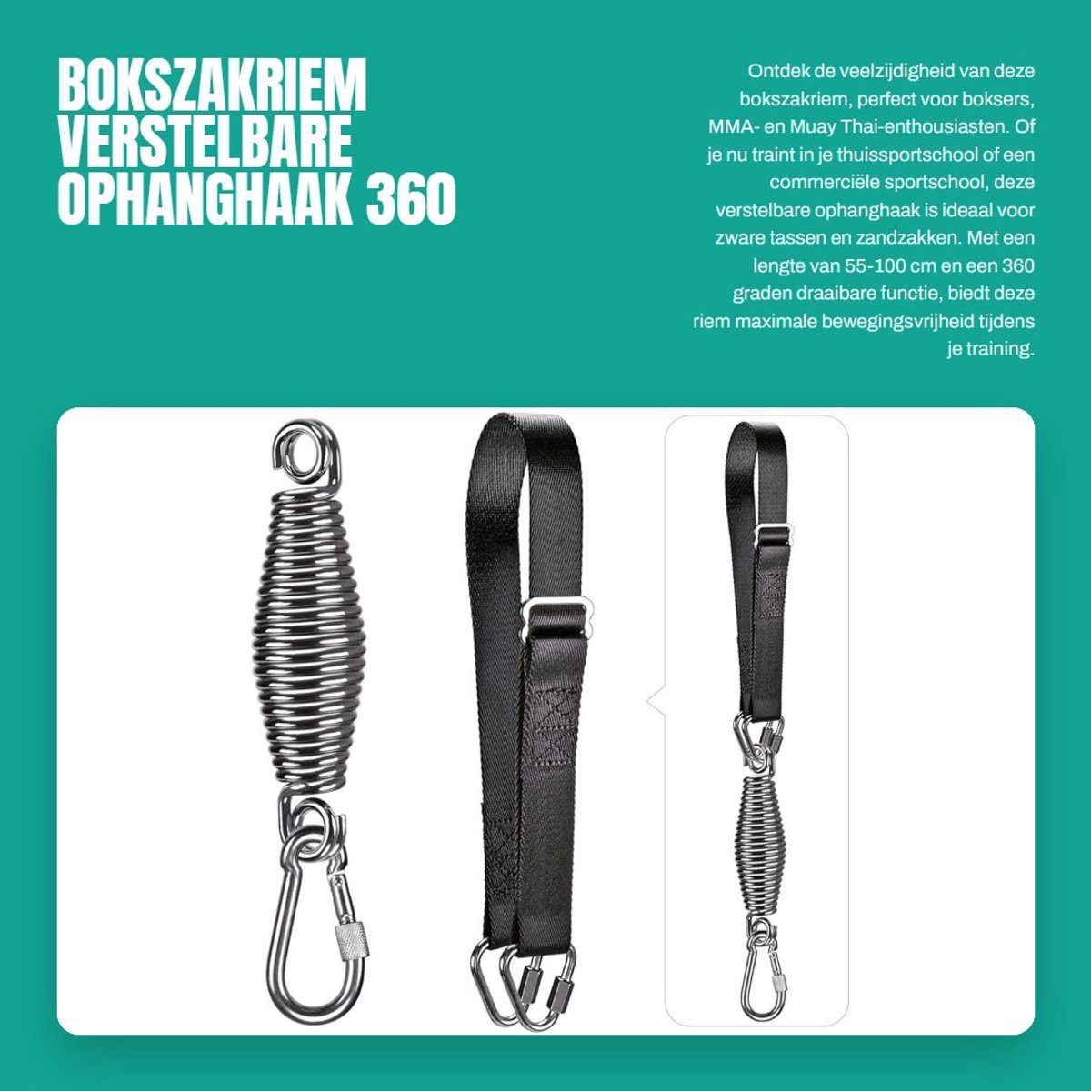 Dailygoods- Bokszakriem Verstelbaar 55-100cm - Ophanghaak - 360 Draaibaar - Zware Tas - Muay Thai Training - Geschikt voor Thuis-/Commerciële Sportschool - Bokszakhanger