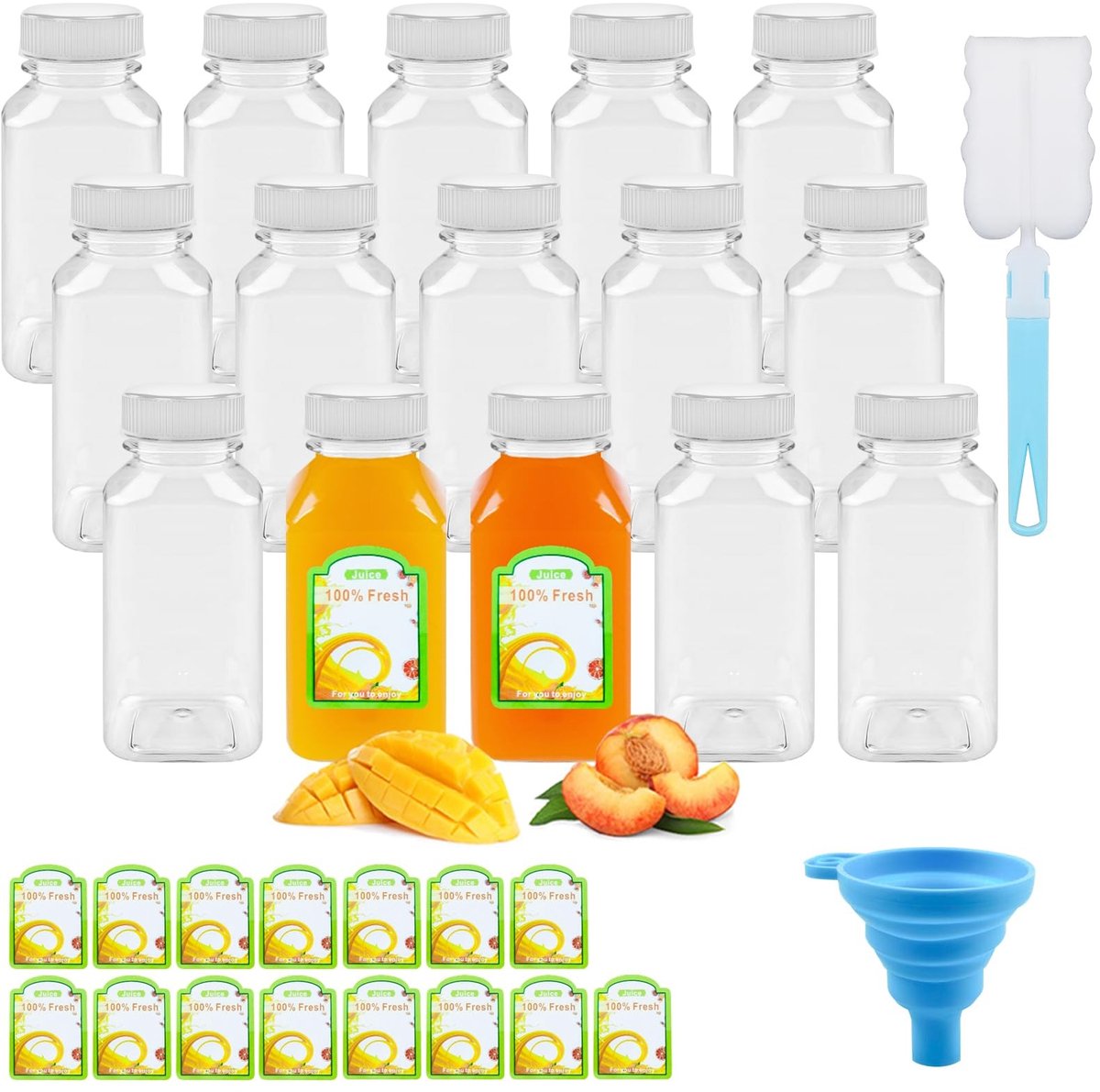 Dailygoods- Sapflessen Set van 15 - Herbruikbare Plastic Flessen - 250ml/8oz - Met Deksel en Stickers - Inclusief Trechter en Borstel - Voedselveilig Materiaal - Drankflessen