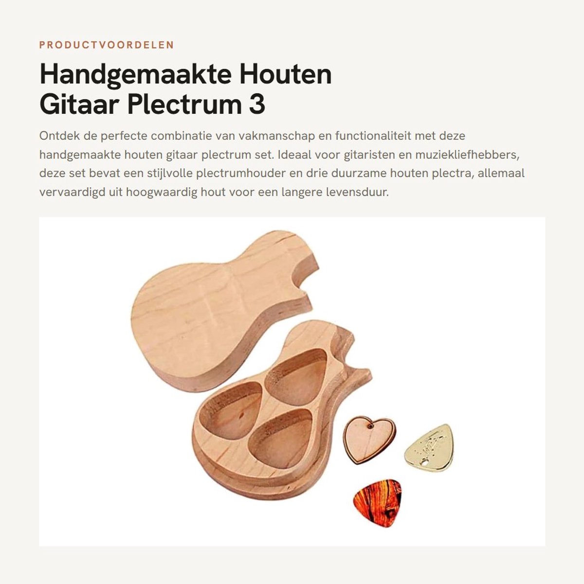 Dailygoods- Gitaar Plectrum Set - 3 Stuks Houten Plectra - Houten Plectrumhouder - Duurzaam Esdoornhout - Cadeau voor Gitaristen