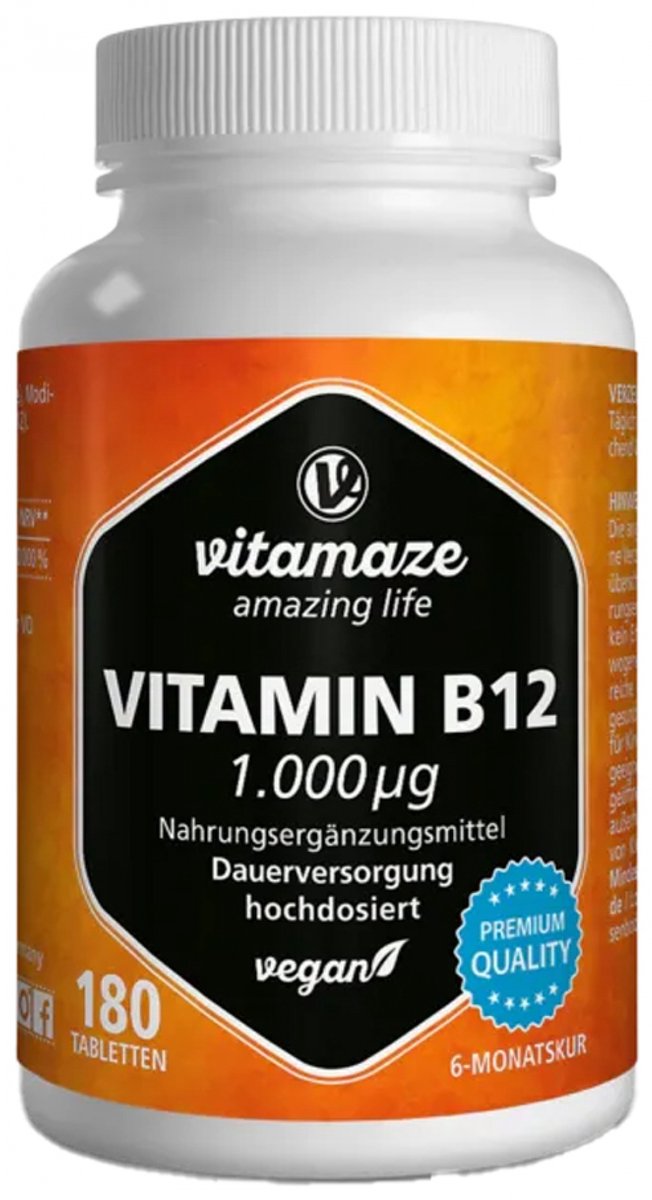 Vitamaze Vitamin B12 1000 µg High Dosage suplement diety tabletki dla utrzymania witalności i sprawności poznawczej 180 tabletek