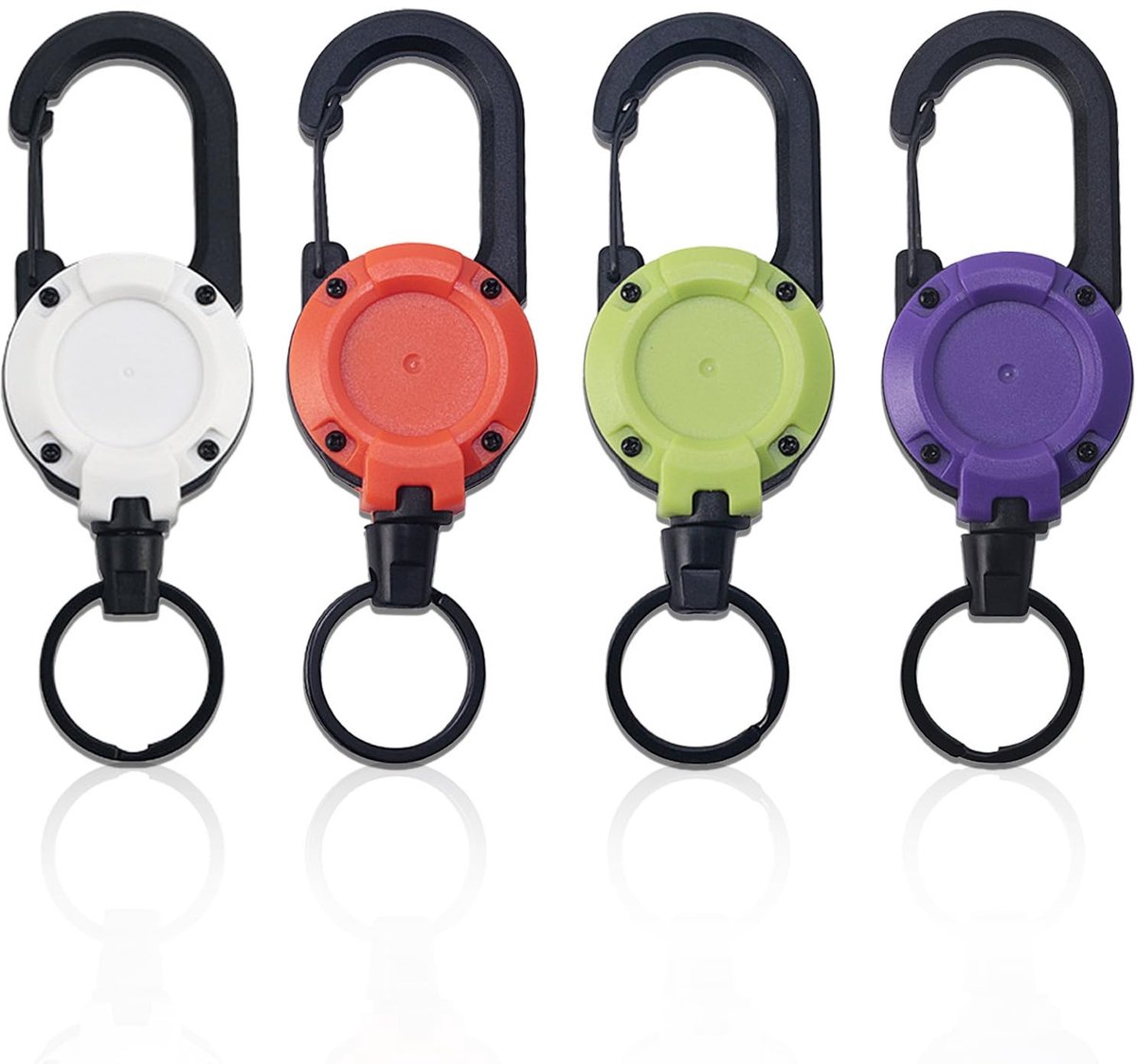 Dailygoods- Uittrekbare Sleutelhanger 64 cm Stalen Kabel - Sleutelkoord Uittrekbaar - ID-Kaarthouder - Karabijnhaak - Set van 4 Kleuren - Duurzaam Materiaal