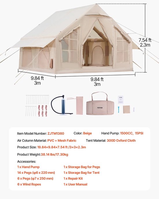 Zolara Glamping tent - Opblaasbare Tent - 4x3,1m - Kampeertent 3-4 Personen - Gezinstent - Met Pomp - Waterdicht Glamping Tent- Snel Opzetbaar - Beige van Merkloos — afbeelding 2