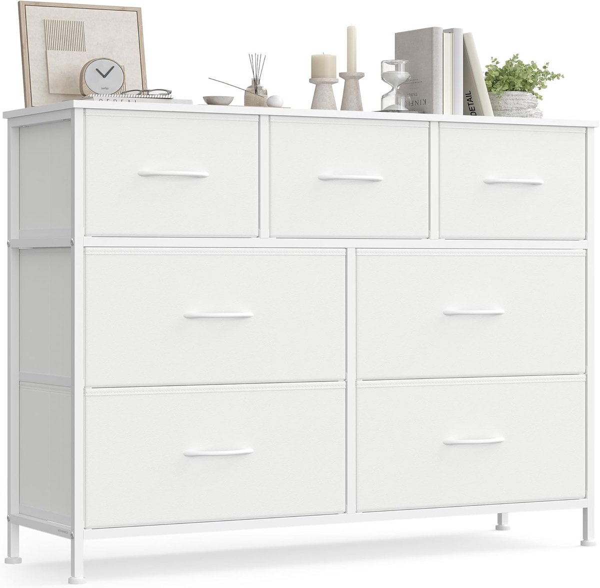 SONGMICS Ladekast Kast 7 Stoffen Laden Opbergkast Staal MDF Niet-geweven Stof voor Slaapkamer Hal Woonkamer Cloud Wit/Sneeuwwit LGS323WH01