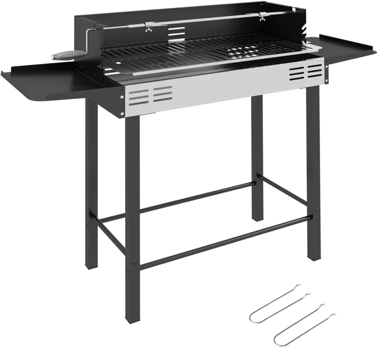 Premie 2-in-1 Houtskool Barbecue - Smoker Barbecue - Houtskoolgrill - met Verstelbaar Grillrooster, 1 Draaispit, Wielen - BBQ voor Kamperen, Buiten, Tuin - 118 x 32 x 90 cm - Zwart + Zilver