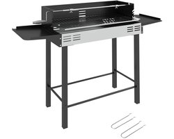 Premie 2-in-1 Houtskool Barbecue - Smoker Barbecue - Houtskoolgrill - met Verstelbaar Grillrooster, 1 Draaispit, Wielen - BBQ voor Kamperen, Buiten, Tuin - 118 x 32 x 90 cm - Zwart + Zilver