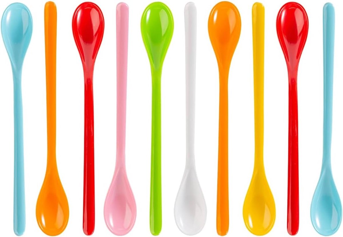 Set van 10 Lange Kleurige Herbruikbare Lepels voor Yoghurt, IJs, Jam, Cocktails en Desserts (18.5cm)