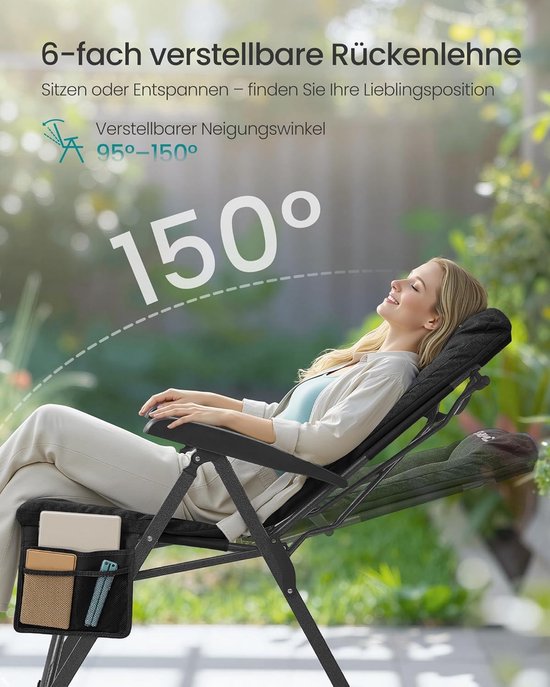 SONGMICS opvouwbare campingstoel voor volwassenen, 95°-150° verstelbare rugleuning, klapstoel 6 cm vulling, bekerhouder, zijzak, draagtas, tuincampingvissen, zwart GCB016BZ01 van Songmics — afbeelding 4