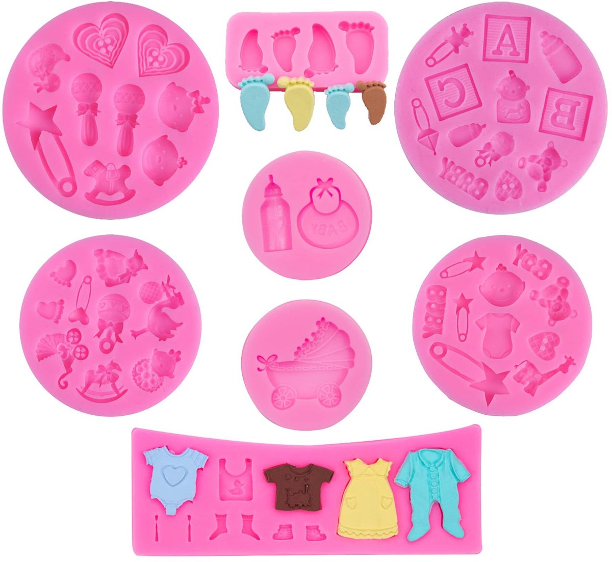 Allecto - Woohome Baby Shower Siliconen Fondant Mallen - 8 voor Cake Decoratie - Roze - Snoep en Verjaardag - BPA-vrij - Geschikt voor het mak...