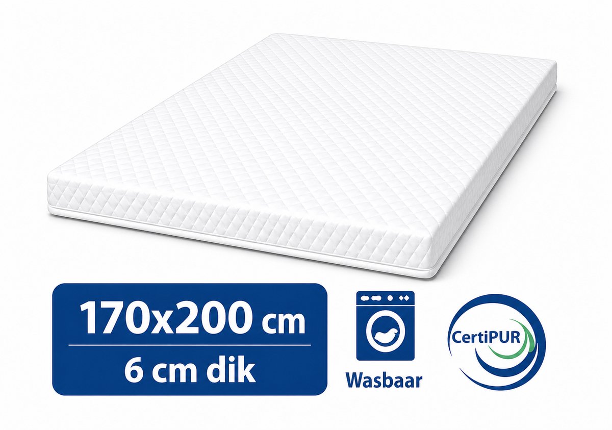 kikishop Topdekmatras 170x200 – 6 cm HR Koudschuim – Afritsbaar & Wasbaar – CertiPUR® Gecertificeerd – Medium Hardheid – Comfort Matrastopper wit