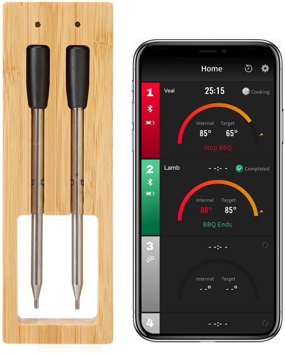Velmio Vleesthermometer - Draadloos - Barbecue Thermometer - 50 Meter Bereik - Bluetooth - Double Probe - 7 uur werktijd