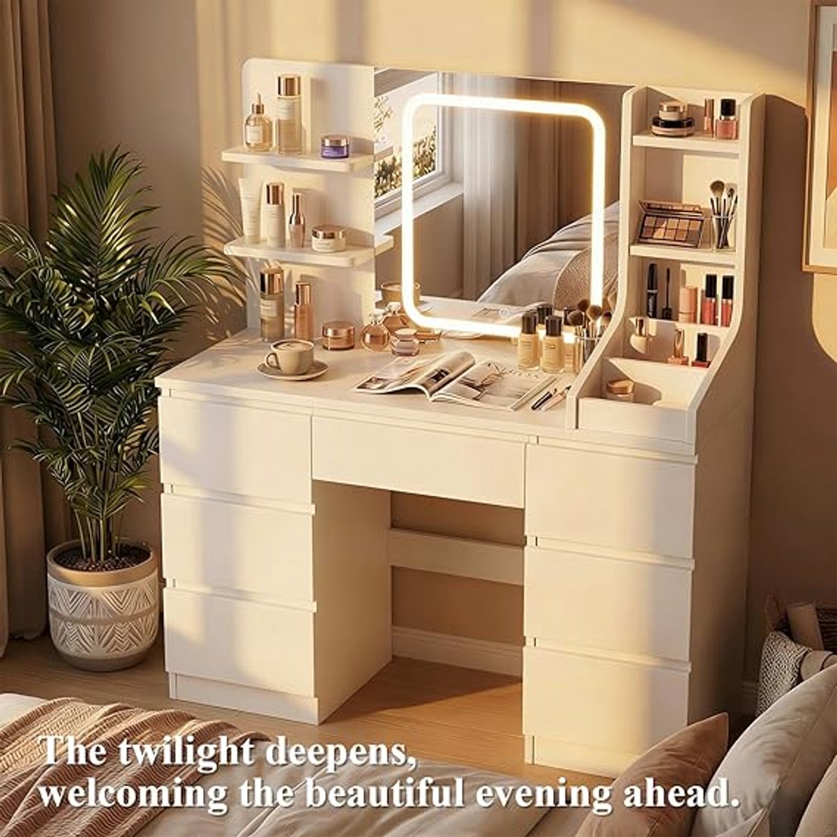 Luxe Hollywood Kaptafel met LED Verlichting, Grote Spiegel en 7 Lades (110 x 40 x 140 cm) – Moderne Witte Make-up Tafel met Opbergrekken en Verstelbare Lichtstanden