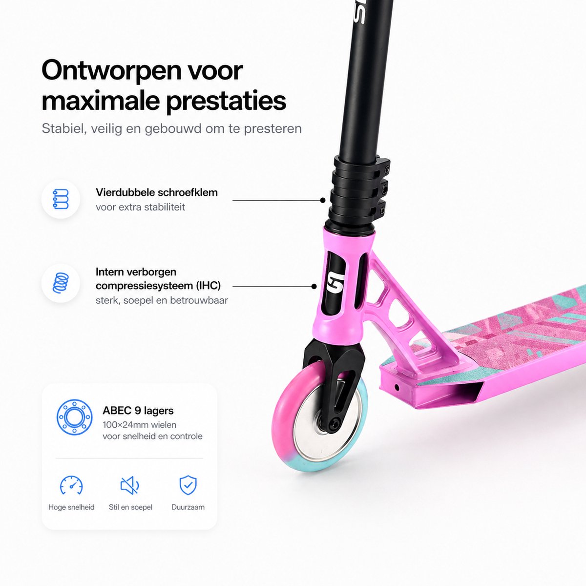 Suotu Stuntstep Professioneel - Step - 110mm - Speelgoed Jongens/Meisjes - Kinderstep - ABEC-9 - 100KG - Aluminium - Blauw/Roze — afbeelding 2