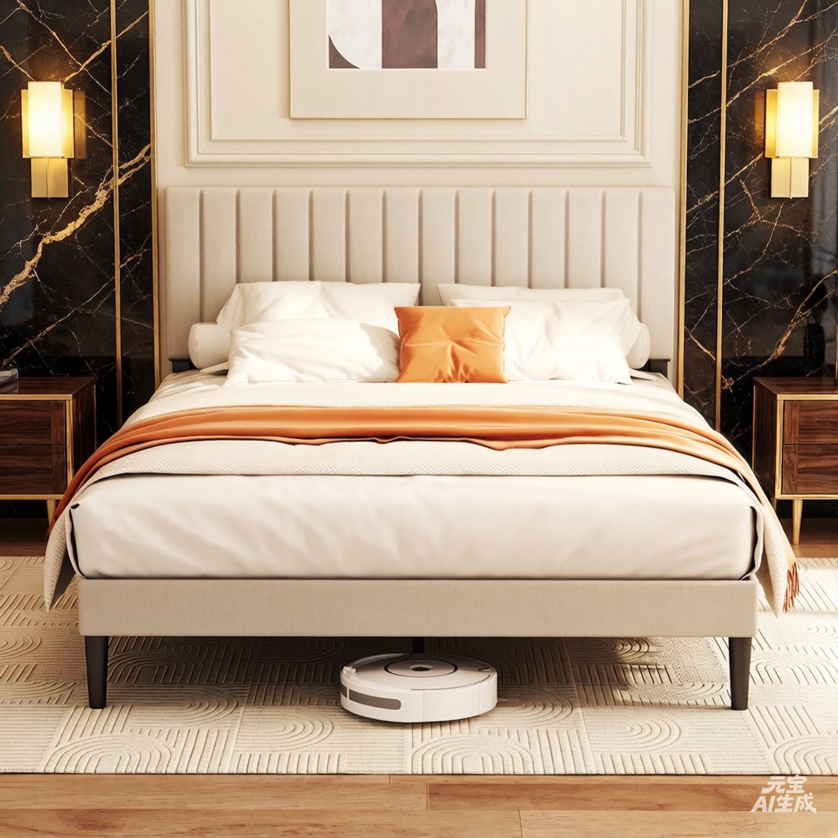 KUTAS Gestoffeerd bed Tweepersoonsbed 140x190 cm - Beige Metalen Bedframe - met lattenbodem - Opbergruimte Onder Bed - Verstelbaar Gestreept Hoofdeinde - Stevig en Stil - Draagkracht 480 kg - Beige
