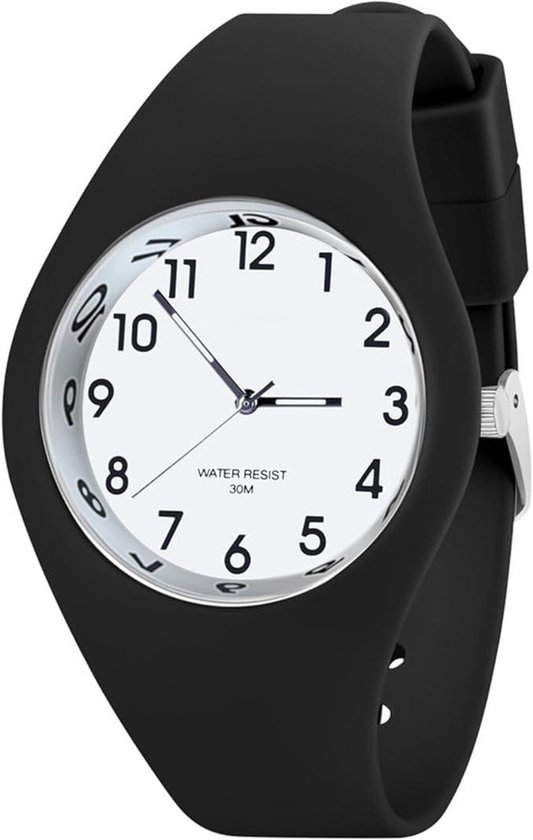 Zwart analoog horloge met witte wijzerplaat en zilveren kast.