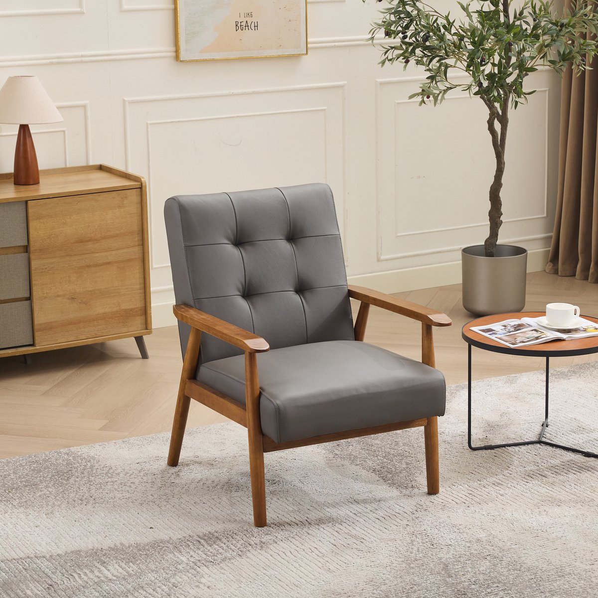 FloraGrace Fauteuil - Loungestoel Met Ademend Leer En Houten Armleuningen - Woonkamer Of W