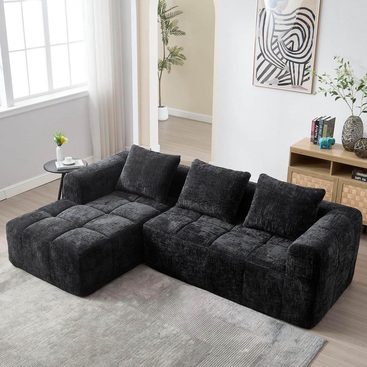 Hoekbank 261x165x80 cm L-Vorm Modulaire Bank -zwart3-Zits Sofa met Chaise Longue, Bekerhouders en Diepe Zitting - Zonder Montage - Vermissen
