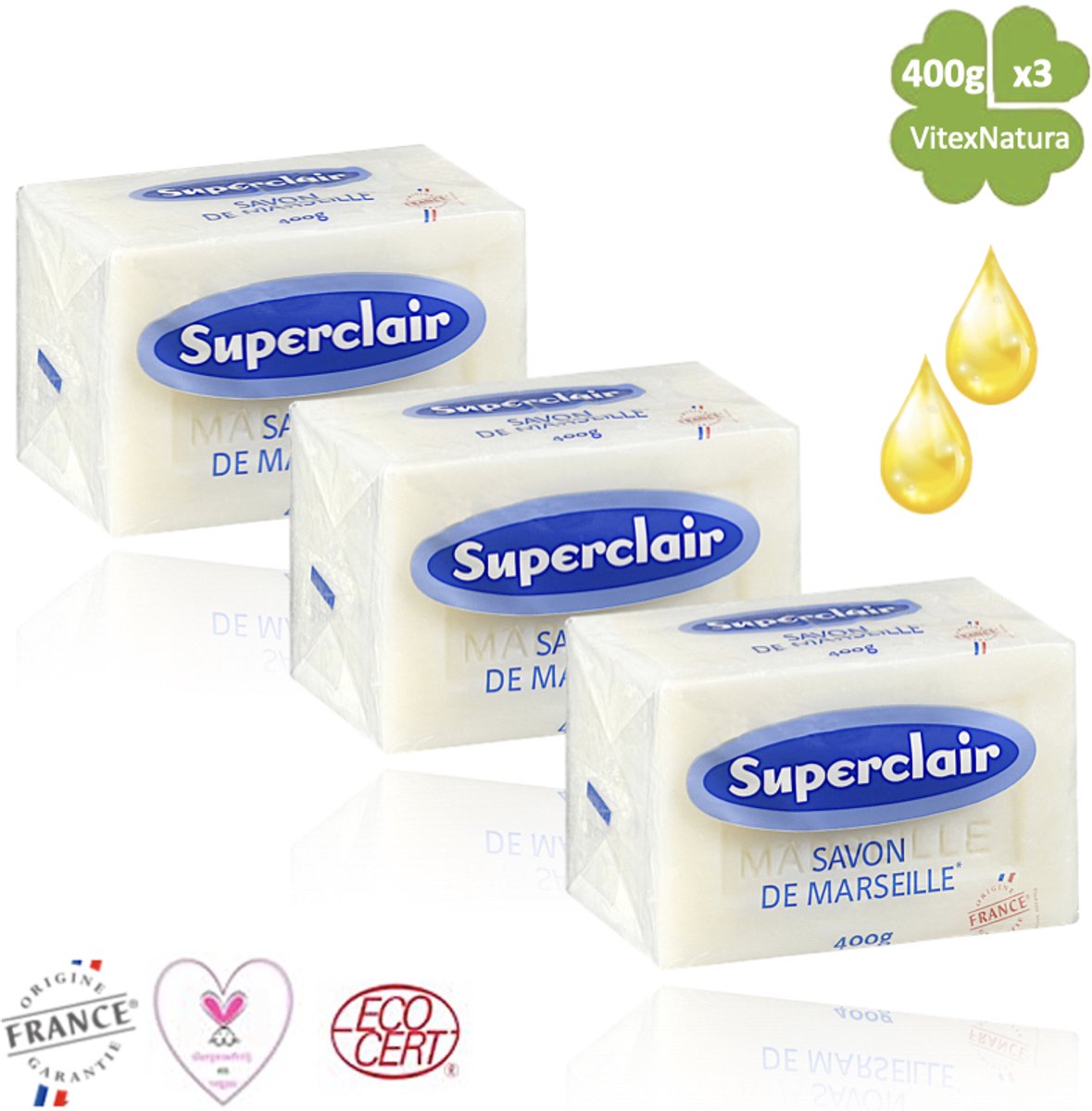 Superclair - Zeeptablet - Marseille Zeep - Glycerine - 400g x 3