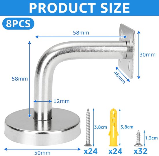 aladdien - Handrail Beugels - Stevige Wandbevestiging - Handrail Steun - Set van 8 - Geschikt voor Trapleuningen - 60x60 mm van Merkloos — afbeelding 3