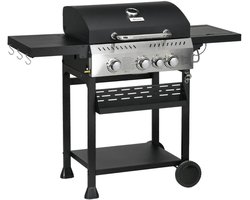 Gasbarbecue - Gasbarbecue en Gasgrill - 4 Branders & 1 Zijbrander - Grillwagen - met Grillrooster, Wielen, Bijzettafels, Drukregelaar, Slangen, Thermometer en Warmhoudplaten - 123 x 52 x 101 cm - Zwart