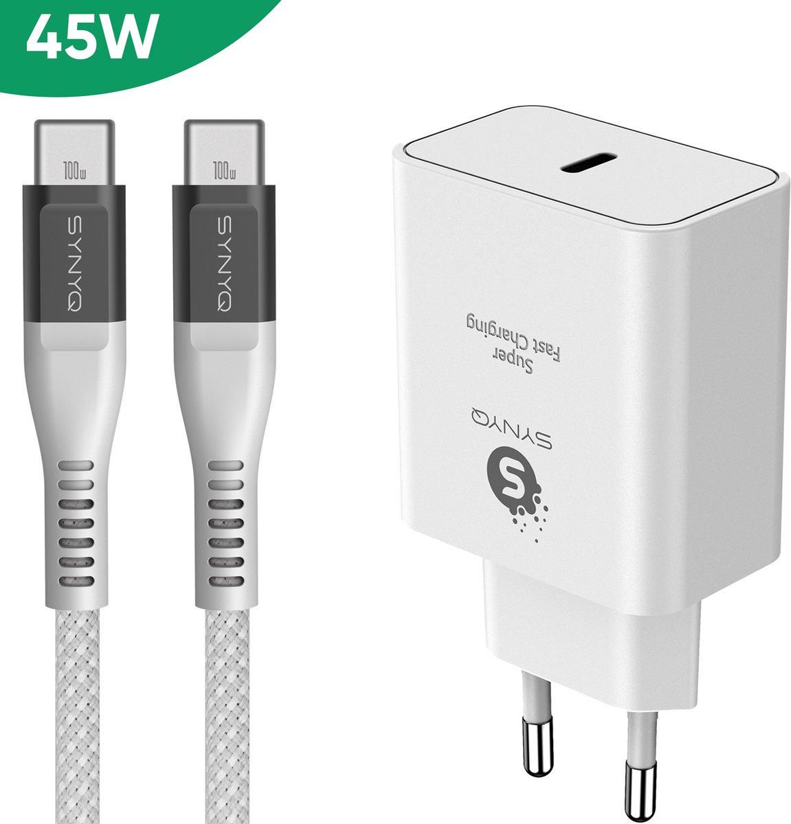 Synyq 45W GaN2 Snellader - 1,5 m USB-C 100W oplaadkabel - Gecertificeerd - Super Fast Charging 2.0 - USB C Adapter - Snellader usb c - Usb c lader - Usb c oplader - Universeel - Wit