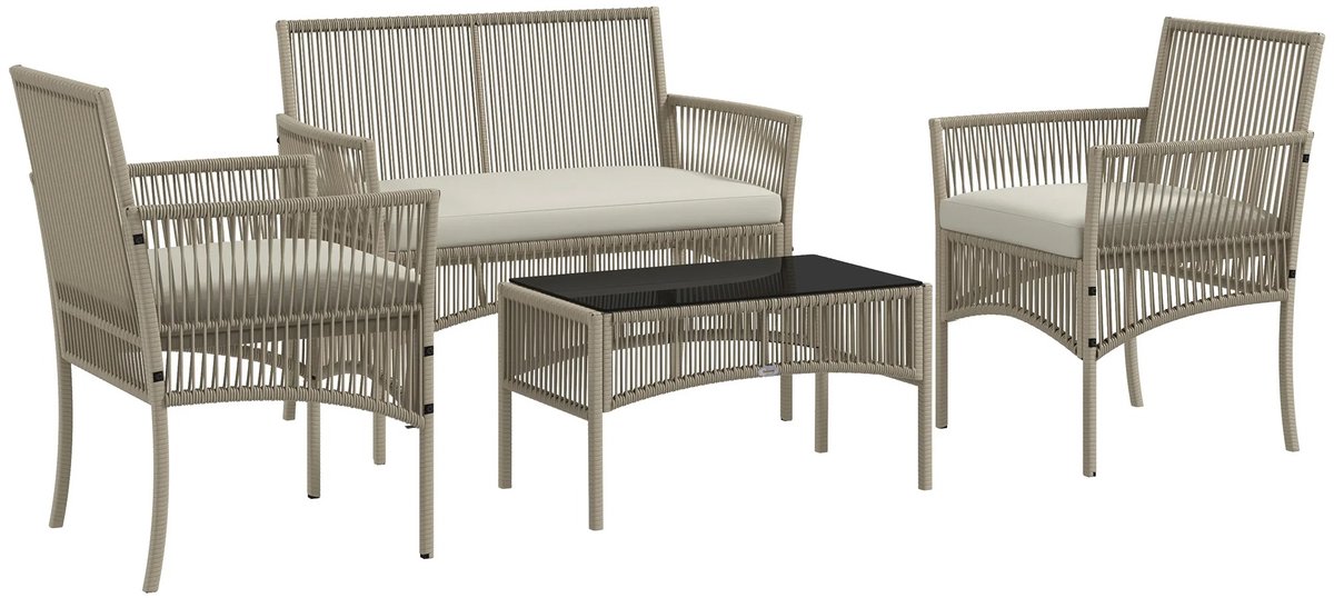 Sello! tuinset 4-delig – tweezitbank – 2 fauteuils – stalen constructie – rotan – uv-bestendige kussenhoezen – rotan – kaki – zwart