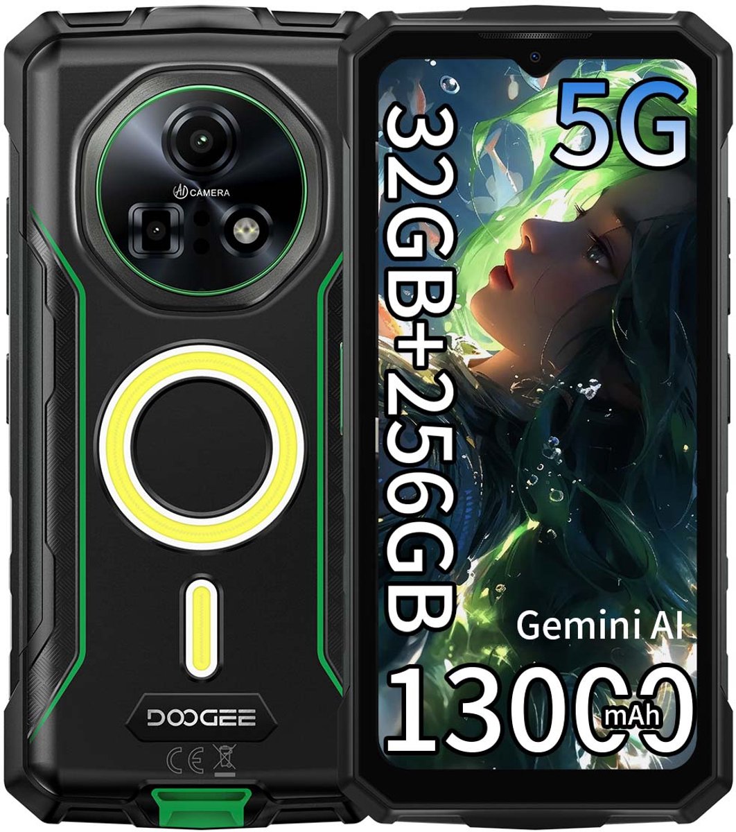 DOOGEE Fire 7 Pro Robuuste smartphone 5G - 32GB RAM - 256GB ROM - 13000mAh 33W - 6,56 inch - IP68/IP69K Outdoor Telefoons - Android 15 - Nachtzicht, Face ID, NFC, GPS, OTG - Groen