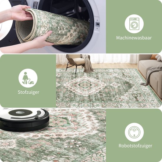 Groen vloerkleed met klassiek patroon, machinewasbaar, stofzuiger, robotstofzuiger.