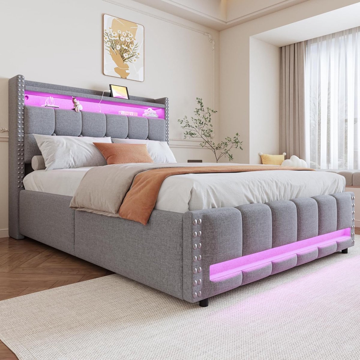 Tweepersoonsbed 140x200 cm Luxe Gestoffeerd Opbergbed met LED Verlichting, USB-Oplaadpunt,