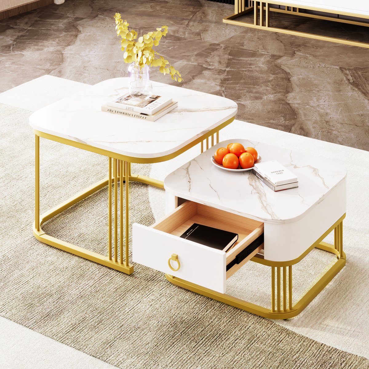 Clruro Salontafel Set - Stapelbaar - Marmerlook Salontafel 2-delig Met Lade - Gouden Accenten - Marmer - Wit Goud