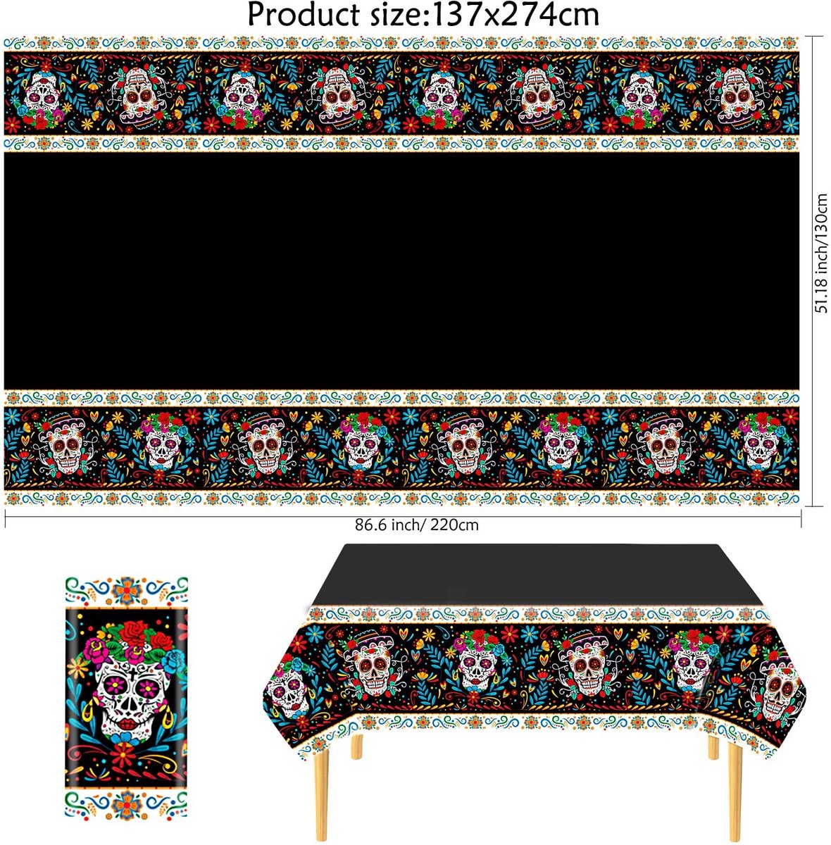 Allecto - Dag van de Doden - Halloween Tafelkleed - Waterdicht PVC - Suikerschedels en Bloemen - Perfect voor feesten en dagelijks gebruik - 2,2 x ...