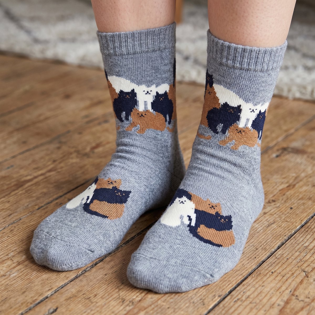 Dames Wol Sokken - Huissokken - Wandelsokken - warm - grijs - leuke print kat - katten - 36 - 40 - cadeau voor haar - gift - geschenk vrouwen - zacht