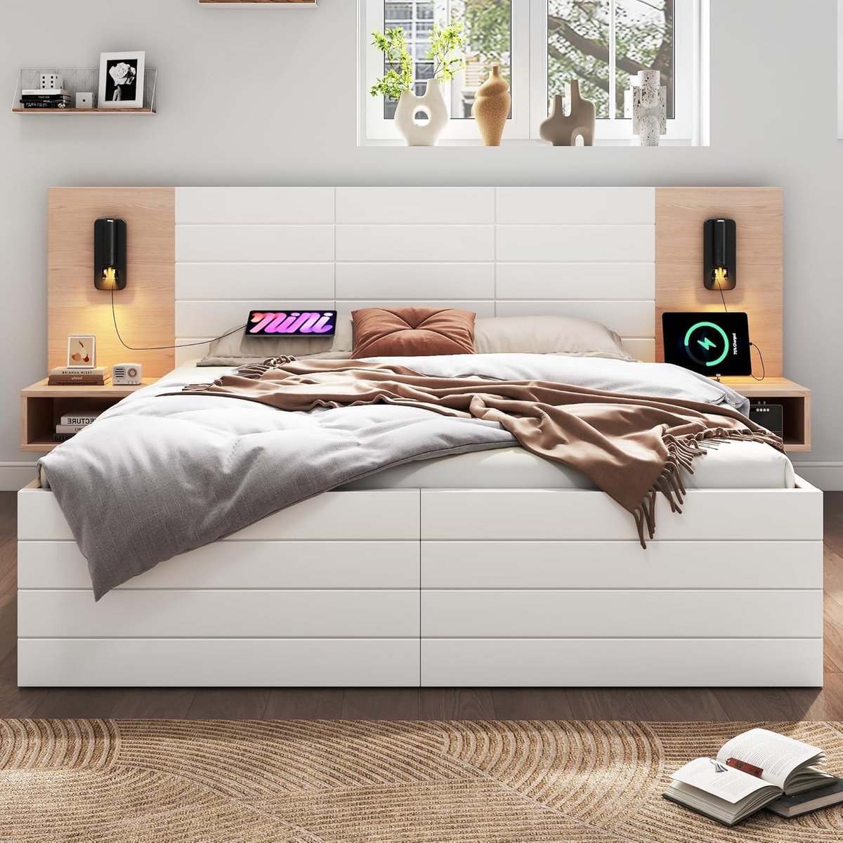 Bed 160 x 200 cm with Storage Space, Wooden Bed Storage Bed with 2 Drawers, Multifunctional Headboard with Bedside Table, Modern Double Bed Frame with Slatted Frame, Oak/White