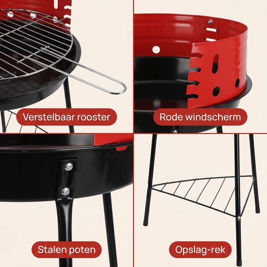 Cheqo® Houtskoolbarbecue - Houtskool Barbecue - Ronde Barbecue - Staande Barbecue - Houtskoolgrill - Tuinbarbecue - Compacte Barbecue voor Balkon en Camping - Barbecue met Verstelbaar Rooster - Houtskool BBQ - Zwart en Rood van Merkloos — afbeelding 5
