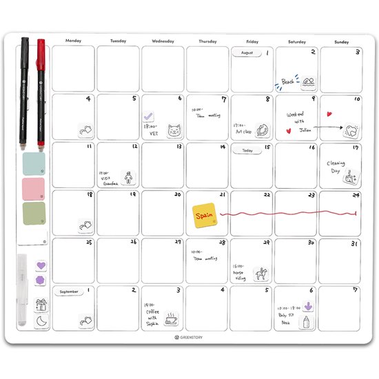 Magnetische maandkalender met pen, gevuld met afspraken, vakanties en tekeningen.