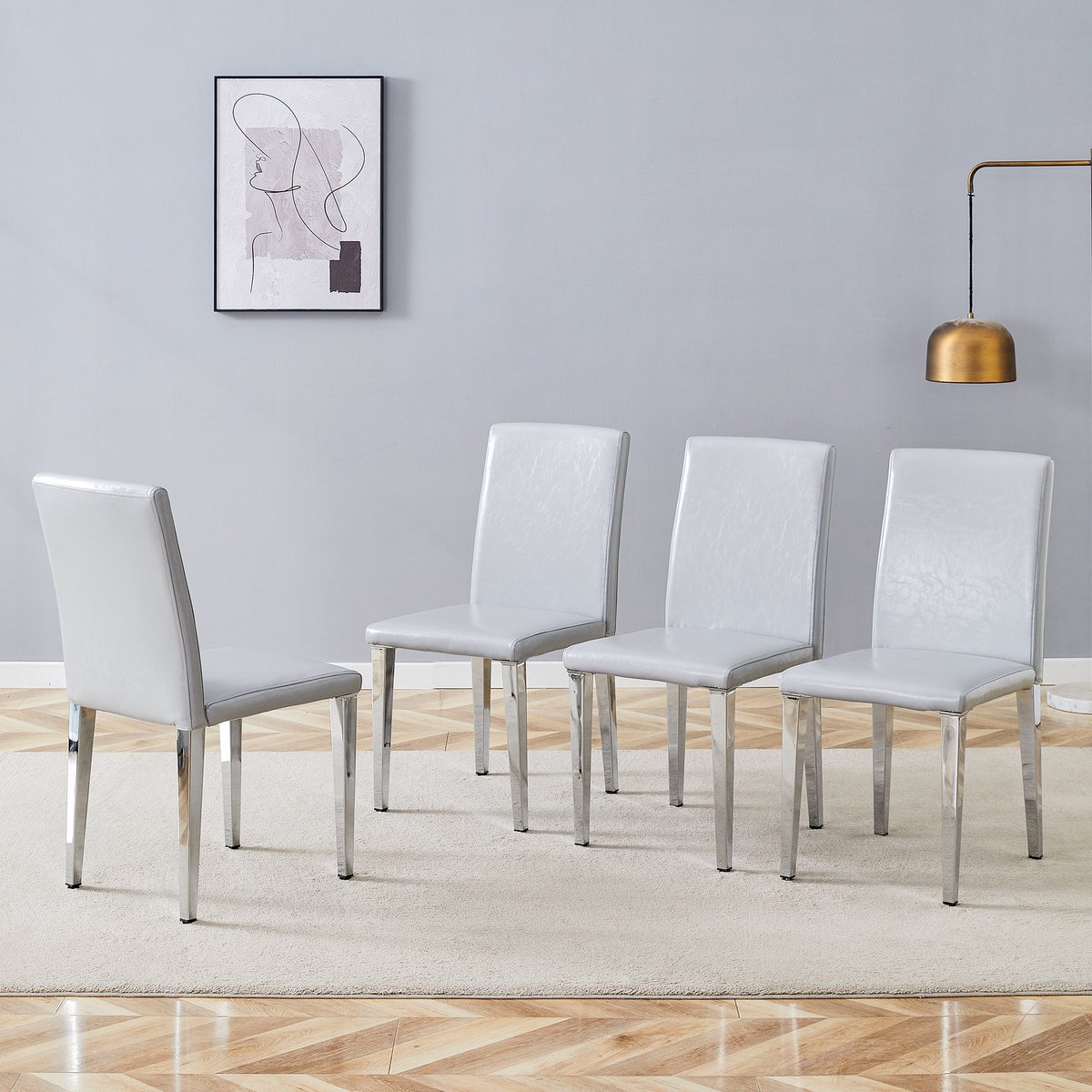 [Set van 4 minimalistische eetkamerstoelen] Lichtgewicht luxe in Europees design in grijs en zilver: Lichtgrijs getextureerd PU-leer + zilverkleurige metalen poten, past perfect in moderne eetkamers, woonkamers en meer.