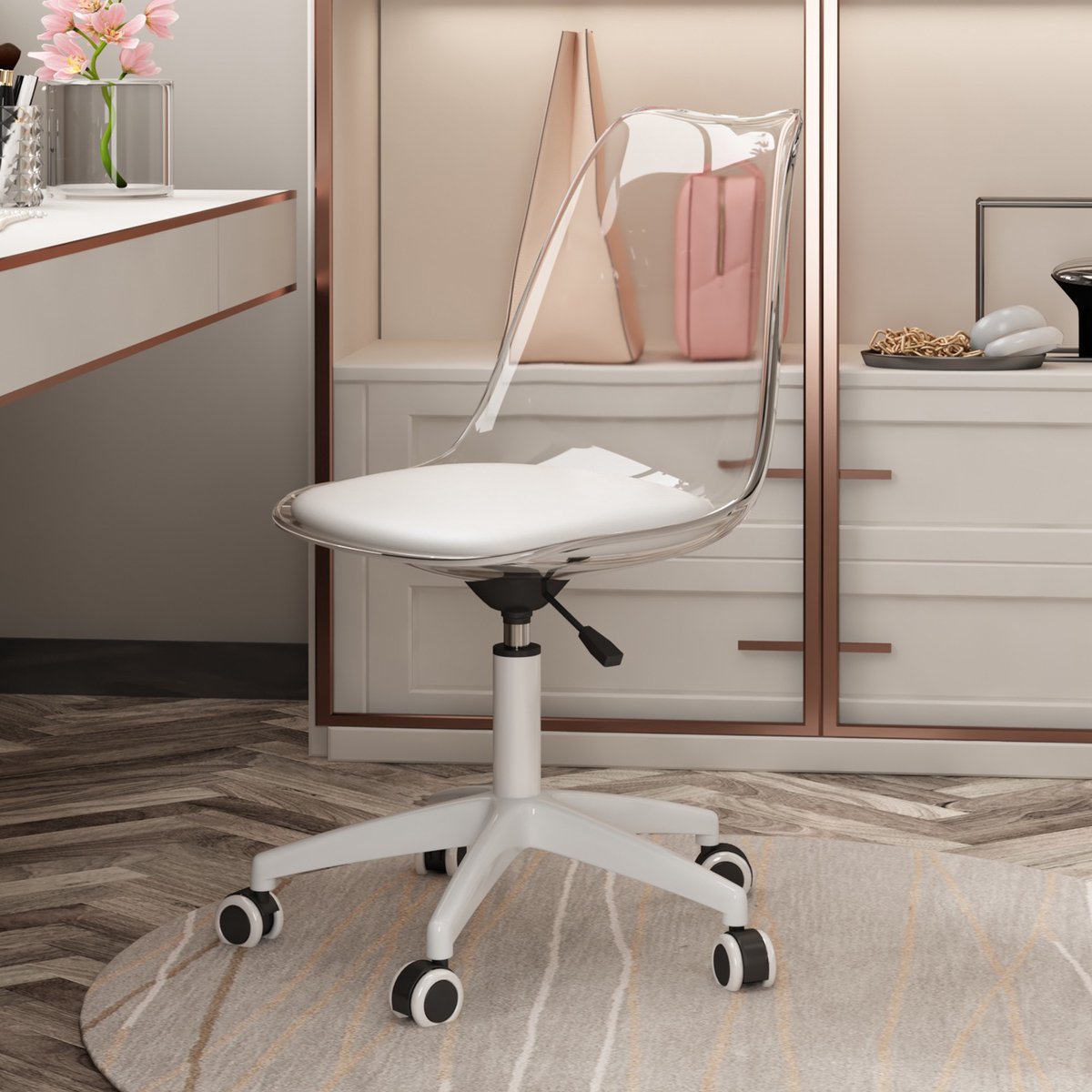 Moderne draaistoel met transparante rugleuning – in hoogte verstelbaar, PU-bekleding, soepel lopende wielen voor veilige verplaatsing. Minimalistisch design voor Europese woningen en kantoren.