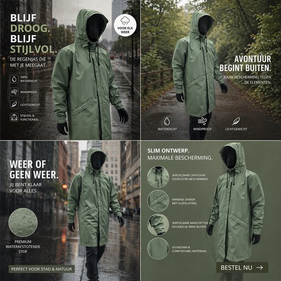 Collage van vier afbeeldingen van een groene regenjas op een paspop en een man, met tekst over weerbestendigheid en design.