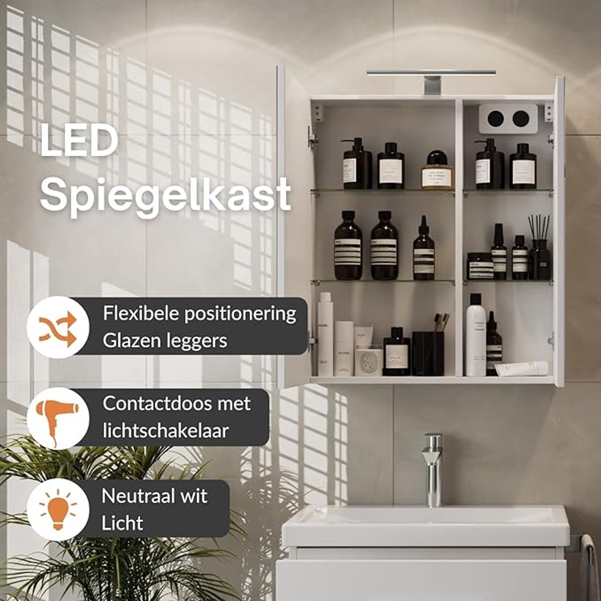 Badkamermeubel Set 63 x 60 x 36,5 cm met Keramische Wastafel en Spiegelkast 60 cm LED Verlichting en Stopcontact – Modern Wit Mat Zwart Badkamermeubel met Soft-Close en Opbergruimte