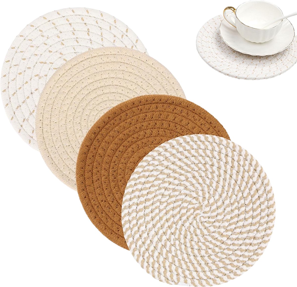 4 stuks - placemats - placemats rond - katoenen placemat - geweven placemats rond - Boho stijl placemats - Decoratieve onderzetters - 18cm - voor Keuken & Eettafel - Beschermend tegen Hitte en Vlekken