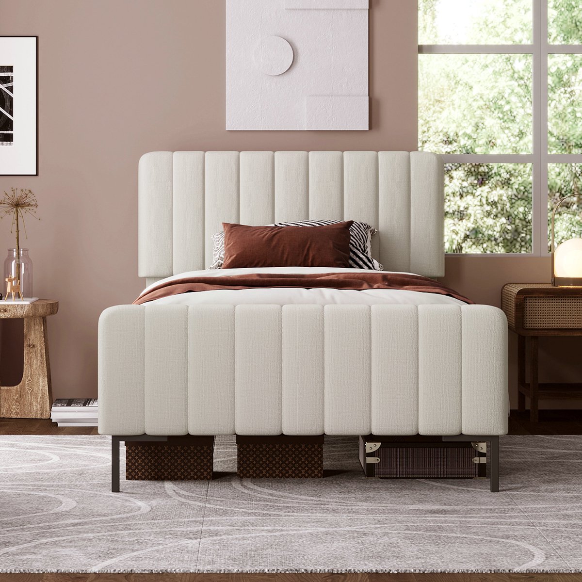 VVBV Gestoffeerd bed 90x200 / Eenpersoonsbed 90x200 – Tienerbed 90x200 – met Lattenbodem – Hoofdbord – Tienerbed – Linnen – Grijs Grijs Beige