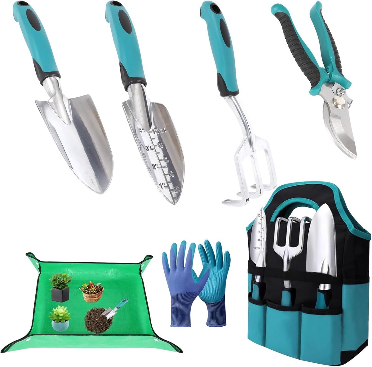 Tuingereedschapset-tuinsetjes-7-delige tuingereedschapset - Lichtgewicht, roestvrije aluminiumlegering - Ideaal tuincadeau - Tuingereedschap inclusief handschoenen - Blauw - 24x9x38 cm